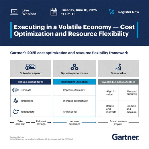 Navigate economic challenges with strategic cost optimization💡: https://gtnr.it/4dEBPBy Learn how to optimize IT spend, manage layoffs effectively, and leverage AI for cost savings. #Leadership #CostOptimization #EconomicStrategy | Gartner