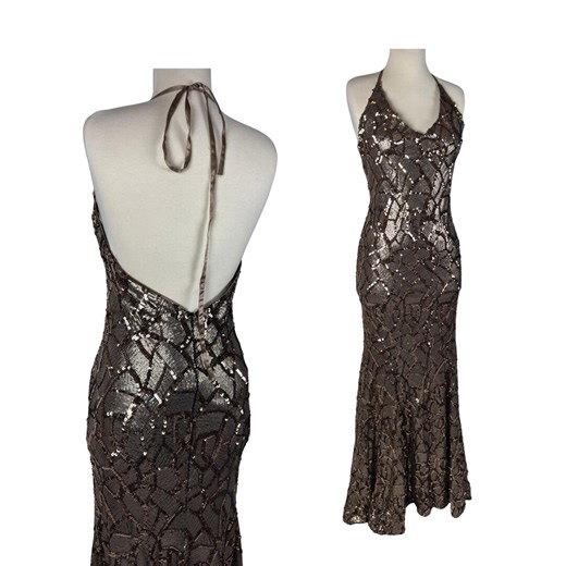 Vintage Bronze Sequin Halter Maxi Dress: Mermaid Prom Gown, Open Back Glamour - Etsy
