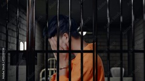 Close Up Side View Of A Sad Asian Male Prisoner In Handcuffs Crying While Standing In Prison, The Criminal Repents And Cries