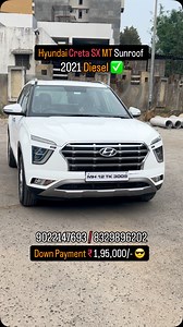 ✅Hyundai Creta SX MT Dual Top model Sunroof Panoramic Model 2021 October , Owner 1st Running 92000km, Insurance End. Mileage 21 Price ₹ 15,75,000/- Fixed Push Button start Infotainment iPhone link weblink Airbags ABS EBD Screen Navigation voice command, Park camera sensor, Mirror controls Foldable black Alloy wheels projector head lamps, Big cabin space Ground clearance good, big dicky space Easy traffic drive ✅Full 1 year warranty ✅Down Payment ₹ 2,35,000/- ✅All Maharashtra fast service ✅Normal
