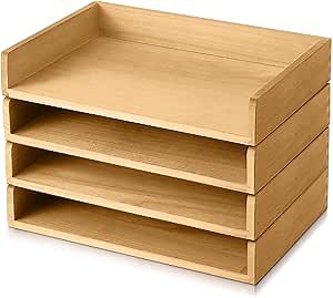 Yeaqee 4 Pcs Stackable Paper Organizer Tray Wood Desk Organizer Letter Tray Desktop Letter Size Office Wooden Desk Shelf Paper Holder Folder Organization Rack for Mail File Document(Light Wood Color)