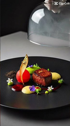 Seared Beef Medallion with Smoked Tomato, Pea Puree, and Beetroot Reduction