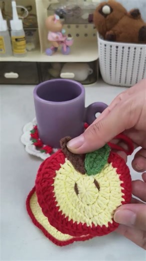 Crochet Fruit Series Items: strawberries and apples, coasters and ornaments...