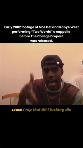 Rapmemeriot on Instagram: "This clip shows Kanye West and Mos Def performing Two Words a cappella in the early 2000s, before The College Dropout was released. There’s no beat, no stage setup, just both of them delivering the verses live as part of early documentary footage. The song later appeared on The College Dropout with production and additional features, but this moment captures its raw form. It reflects the period when Kanye was still proving himself as a rapper and Mos Def was publicly b
