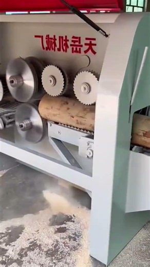 Baumstämme werden in dieser Schneidemaschine präzise verarbeitet