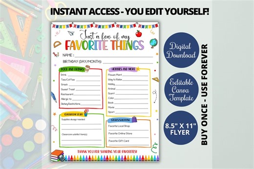 Editable Teacher Favorite Things List, Back to School Teacher Gift Survey, A Few of Teacher's Favorite Things, Canva Template, Printable PDF - Etsy