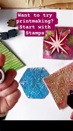 You can use anything you can press into ink: found objects, shop-bought stamps and handmade shapes