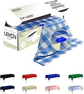 LEMON + Co. Blue Gingham Premium Plastic Tablecloth Roll - 54" x300' for Parties with Cutter Box - Cut to Size Rectangle & Round Disposable Tablecloth Plastic Table Cover