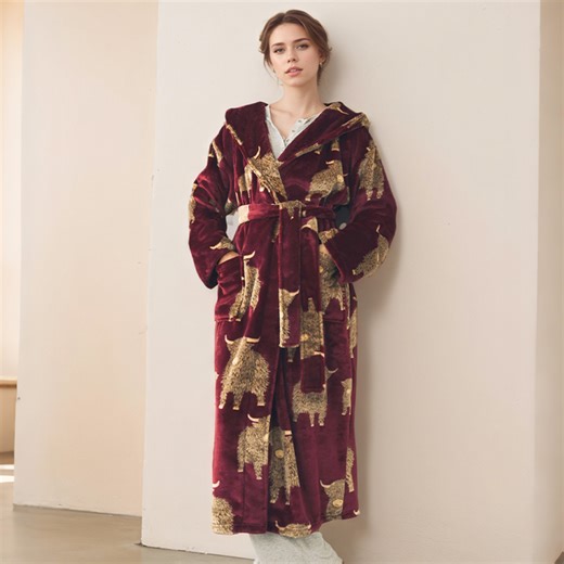 Women Winter Extra Long Thick Flannel Hooded Bath Robe Warm Dressing Gown Red Print Bathrobe