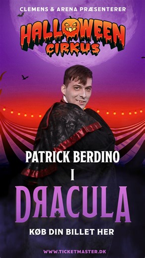 🎃🎪HALLOWEEN CIRKUS – Patrick som Dracula 🌕👻 Patrick Berdino spiller rollen som den blodhungrende Dracula i årets nye Halloween-show ’Dracula Drager Vestpå’. Her er Dracula blevet for stor til sin blodfattige hjemstavn, der ikke kan rumme hans grandiose format. Han vil til London og hænge ud med rigtige verdensvampyrer. Men da han indser, at det finere selskab er en blodappelsin-juice-drikkende, lukket kreds, der latterliggør hans middelalderlige vampyrvaner, erklærer han krig. Dracula må sta