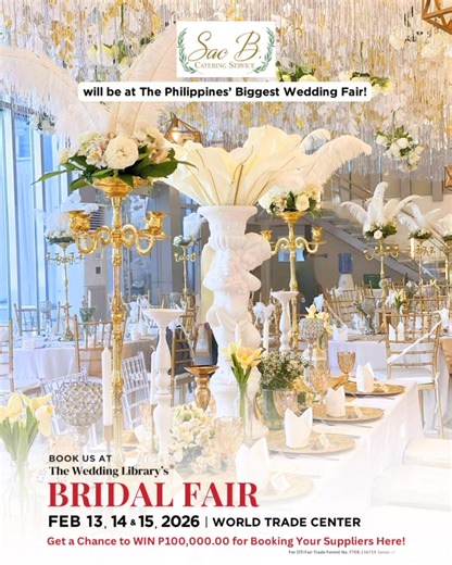 ✨ We’re at The Wedding Library! ✨ Sac B Catering Service is proud to be part of The Wedding Library Bridal Fair on Feb 13-15 at the World Trade Center If you’re looking for: ✔️ Delicious menus ✔️ Beautiful buffet setups ✔️ Warm and professional service ✔️ Stress-free wedding catering and all-in packages Come visit our booth and let’s talk about how we can make your special day memorable. 📍 See you at the Wedding Library 💬 Ask about our wedding packages and food tasting — Sac B Catering Service