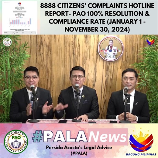 #PALANEWS 8888 CITIZENS’ COMPLAINTS HOTLINE REPORT- PAO 100% RESOLUTION & COMPLIANCE RATE (JANUARY 1 - NOVEMBER 30, 2024) #PublicAttorneysOffice #PAOChiefPersidaAcosta #BagongPilipinas #LibrengSerbisyongLegalPAO #PALA #PersidaAcosta #PersidaAcostasLegalAdviceFBLiveProgram | Persida V. Rueda-Acosta