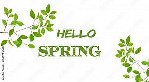 Greeting card "Hello Spring". A composition of spring natural leaf. Beautiful springtime concept. Stop motion animation.
