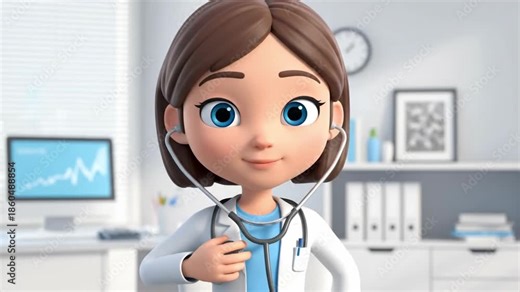 3D Cartoon Doctor Character with Stethoscope in a Modern Medical Office Setting, Healthcare Professional, Medical Consultation, Digital Health, Pediatric Care, Animated Doctor, Friendly Medical Expert