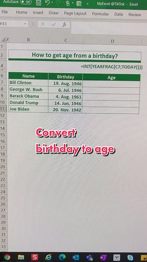 How to get age from a birthday? #excel #exceltips #spreadsheet #excel_learning #excel_pro #excel_master #office #de #excel_training #age #alter #büro