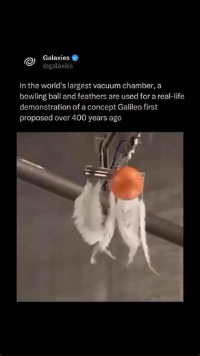 Galaxies on Instagram: "In a vacuum, all objects, regardless of their mass, fall at the same speed due to the absence of air resistance. This phenomenon is explained by Galileo’s principle of equivalence, which states that the acceleration due to gravity is the same for all objects. Hence, a bowling ball and a feather will fall at the same rate in a vacuum. On planets with no atmosphere, such as Mercury, the same principle applies. Without atmospheric drag, the bowling ball and the feather exper