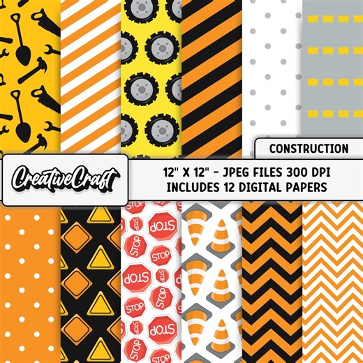 12 Construction Digital Papers 12x12, Builder Birthday Background, Construction Printable Designs, Scrapbook Papers, Backgrounds Designs - Etsy