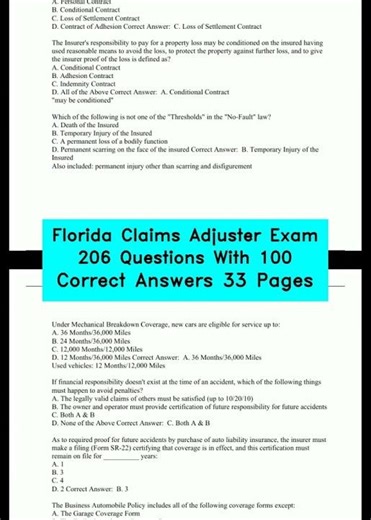 Florida Claims Adjuster Exam 206 Questions With 100 Correct Answers 33 Pages video
