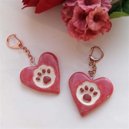 Ceramic Pink Paw Print Heart Keychain, Handmade Cute Pet Lover and Valentine's Decor, Unique Dog and Cat Lovers Gift - Etsy