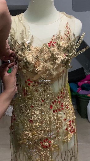 Evening Gown Making Process: Red Gold Creation