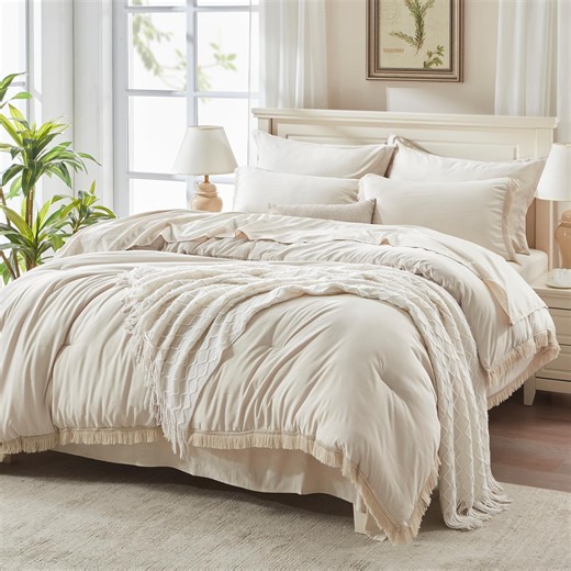 Andency Full Size Comforter Sets Bed in a Bag - 7 Pieces Beige Cream Soft Fluffy Bedding Comforter Sets, All Season Boho Tassel Fringe Bed Set with Comforter, Sheets, Pillowcases & Shams