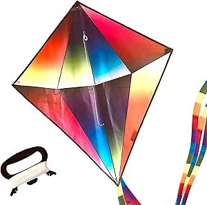 Large Rainbow Diamond Kite, Easy to Fly, Best Diamond Kite and Great Gift for Kids and Adults. Large and Colorful with Long Tail. Beach and Outdoor Games and Activities for Family