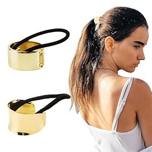 Metal Expandable Hair Cuff and Ponytail Holder Set - 2 Pieces Elastic Ties, Bands and Hair Rope Accessories for Women Girls (Gold)