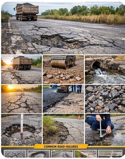 🚧 CAUSES OF ROAD CRACKS & PAVEMENT FAILURE Style is aligned with"Building construction steps and procedures" the platform. Why Roads Deteriorate Prematurely 🔴 1. Heavy Traffic & Overloading 🛻 Excessive axle loads 🔁 Repeated traffic stress ⚠️ Vehicles beyond design limits Leads to: ✔ Alligator cracking ✔ Rutting ✔ Structural failures 🟠 2. Weak Subgrade & Poor Foundation 🌱 Low soil bearing capacity 📉 Poor compaction 💧 Soil settlement or erosion Leads to: ✔ Longitudinal cracks ✔ Depressions