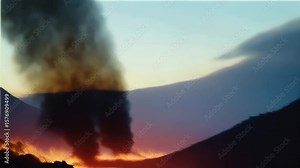 Spectacular view of wildfire blazing across mountain ranges during twilight hours in remote wilderness area