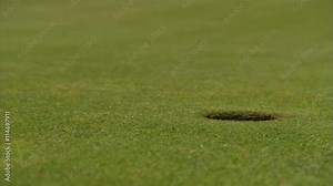 Golf ball rolling from left to drop into close-up hole at right; hand retrieves ball