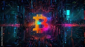 This is a digital illustration of a glowing Bitcoin symbol in shades of blue, green, yellow, and pink against a dark background with a circuit board pattern.