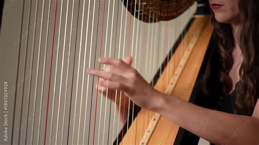 Elegant woman playing a beautiful harp, creating soothing melodies and harmonic resonance in a