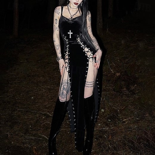 Gothic Maxi Dress Sleeveless Witch Vampire Lace up Velvet Spaghetti Strap Cross Fancy Dress Women's Fantasy Halloween Carnival Performance Party Adults Dress 2025 - $35.99
