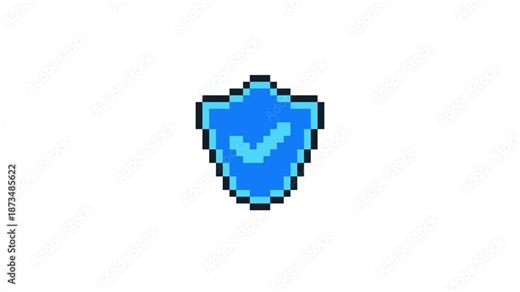 8-bit pixel art blue security check shield icon. looped animation 4k 30fps