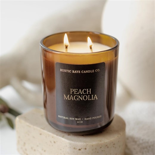 Peach Magnolia Candle 14 Oz - 100% Soy Wax - Amber Glass Jar - Double Wick Candle - Etsy