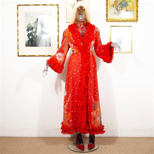 Vintage 1970s Red Chiffon Ruffle Maxi Dress Sheer Floral Boho Glam Size M - Etsy UK