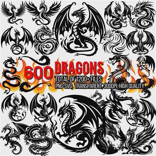 600 Dragon SVG Bundle, Tribal Dragon Tattoo Designs, Chinese Dragon Clipart, Mythical Beast Vector ,Cricut & Silhouette Cut Files