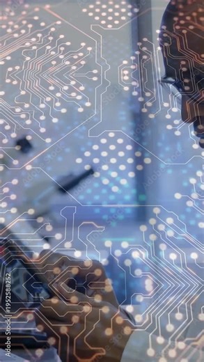 Vertical video: IT pro tapping tablet and verifying data while circuit-board overlay guiding inputs