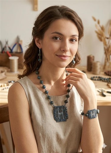 Handmade Blue Beaded Jewelry Set – Statement Necklace, Bracelet. - Etsy