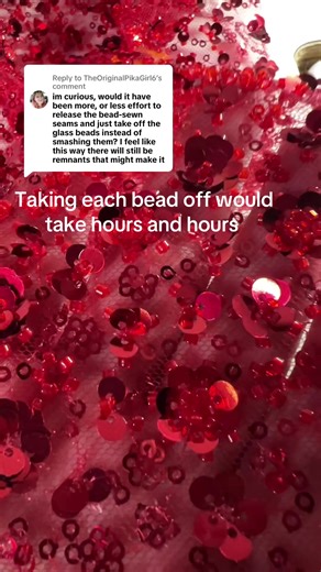 Replying to @TheOriginalPikaGirl6 it took me like 2 hours to hammer hundred of beads off vs. the hours it would take to remove each bead individually. Ain’t nobody got time for all that (well atleast I don’t 😂) . Plus the beads and sequin are on the same thread so i would have lost a lot of sequin too which i didnt want