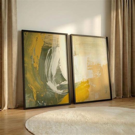 Set of 2 Mustard Yellow and Olive Green Wall Art, Earthy Abstract Living Room Art Print, Warm Neutral Decor Poster, Instant Download - Etsy