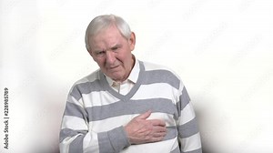 Old man with painful feelings in chest. Senior man with atherosclerotic cardiovascular disease. Identify different types of chest pains.