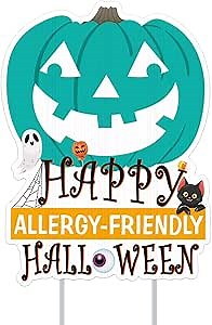 WhatSign Happy Halloween Sign Outdoor - 11.7" x 16" Allergy Friendly Teal Pumpkin Halloween Yard Sign with Stakes Halloween Teal Pumpkin Decor for Yard