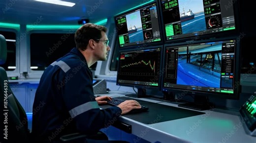 Medium shot of a technician monitoring realtime vessel performance data on multiple screens with sensor readouts and live graphs in a hightech control room environment.