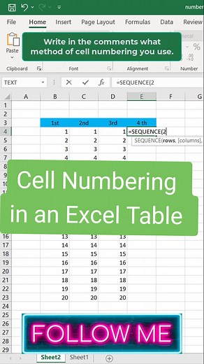 ♥️💚 Cell Numbering in an #Excel #exceltips #turitorial #excel #lifehacks