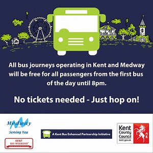 Residents can get completely free bus travel in Kent and Medway on 24 and 25 June. Free travel is available to everyone from the first bus of the day up to 8pm, on both days. The Free Bus Weekend is only available within the Kent and Medway boundaries and the normal fare will be required outside of that. (London buses are not included and the full fare will be required if travelling into Kent/Medway on a London bus). This is part of an initiative funded by government to get people to use the bus