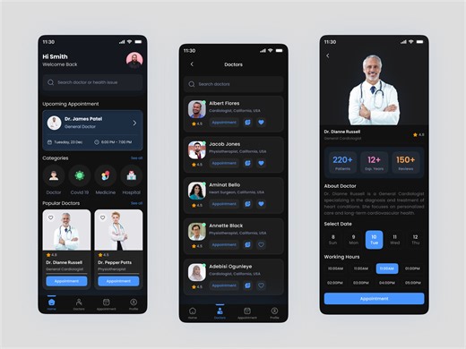 Doctor Appointment Mobile App - Dark Mode UI