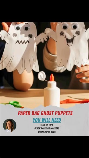 Paper Bag Ghost Puppets Bring your Halloween stories to life with these adorably spooky Paper Bag Ghost Puppets! They’re quick to make, full of personality, and perfect for classrooms, parties, or cozy family craft time. Materials: White paper bags Black paper or markers Glue or tape Tissue paper strips or streamers Googly eyes (optional) Steps: 1. Draw or glue on a ghost face — silly, sleepy, or spooky. 2. Cut tissue or streamers into strips and glue them inside the bag’s bottom edge. 3. Slip y