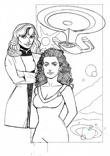 Doctor Beverly Crusher and Counselor Deanna Troi from the Next Generation crew. #DoctorBeverlyCrusher #BeverlyCrusher #CounselorDeannaToi #DeannaTroi #StarTrekNextGeneration #StarTrek #WomenOfSciFi #ScienceFiction #SciFi #SciFiTv #tv #illustration #drawing #tictokarts