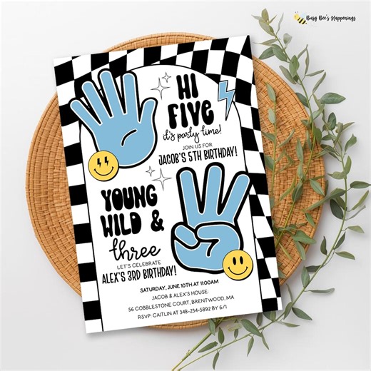 Retro Checkered Joint Birthday Invitation, Hi Five, Young Wild Three (digital Download) - Etsy